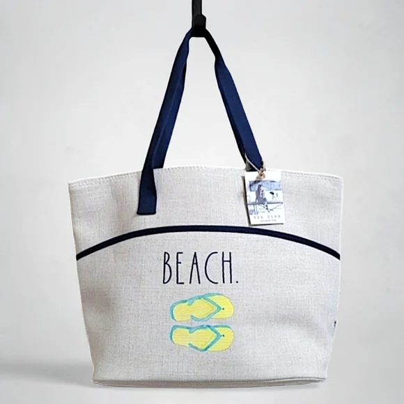 Rae Dunn Beach Canvas Insulated Tote Bag with Navy Straps - Picture 1 of 5